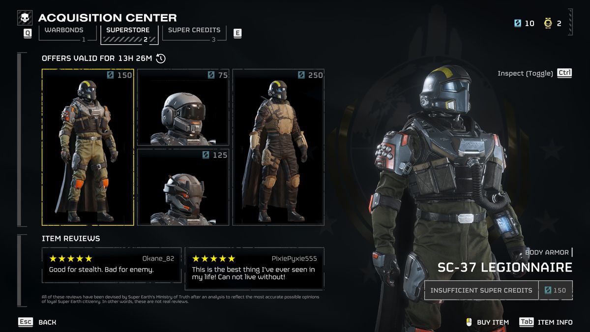 Le menu du Centre d'acquisition de Helldivers 2. Nous sommes sur l'onglet Superstore, qui présente des ensembles d'armures et des casques à vendre avec des Super Crédits, la monnaie premium du jeu.