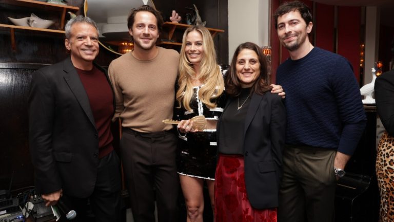 LOS ANGELES, CALIFORNIA - FEBRUARY 12: (EXCLUSIVE CONTENT) Mike De Luca, Tom Ackerley, Margot Robbie, Pam Abdy and Josey McNamara seen Warner Bros. and LuckyChap new partnership celebration on February 12, 2024 in Los Angeles, California. (Photo by Eric Charbonneau/Getty Images for Warner Bros.)