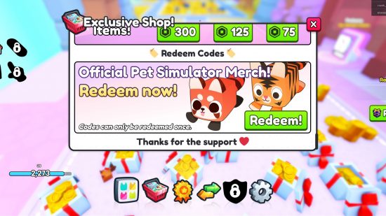 Le jeu Pet Simulator 99 montrant comment utiliser les codes.