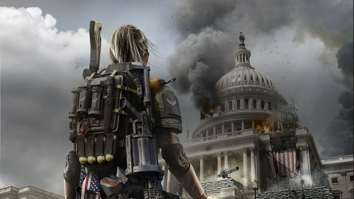 The Division 2 - soldat regardant le bâtiment du Capitole en feu