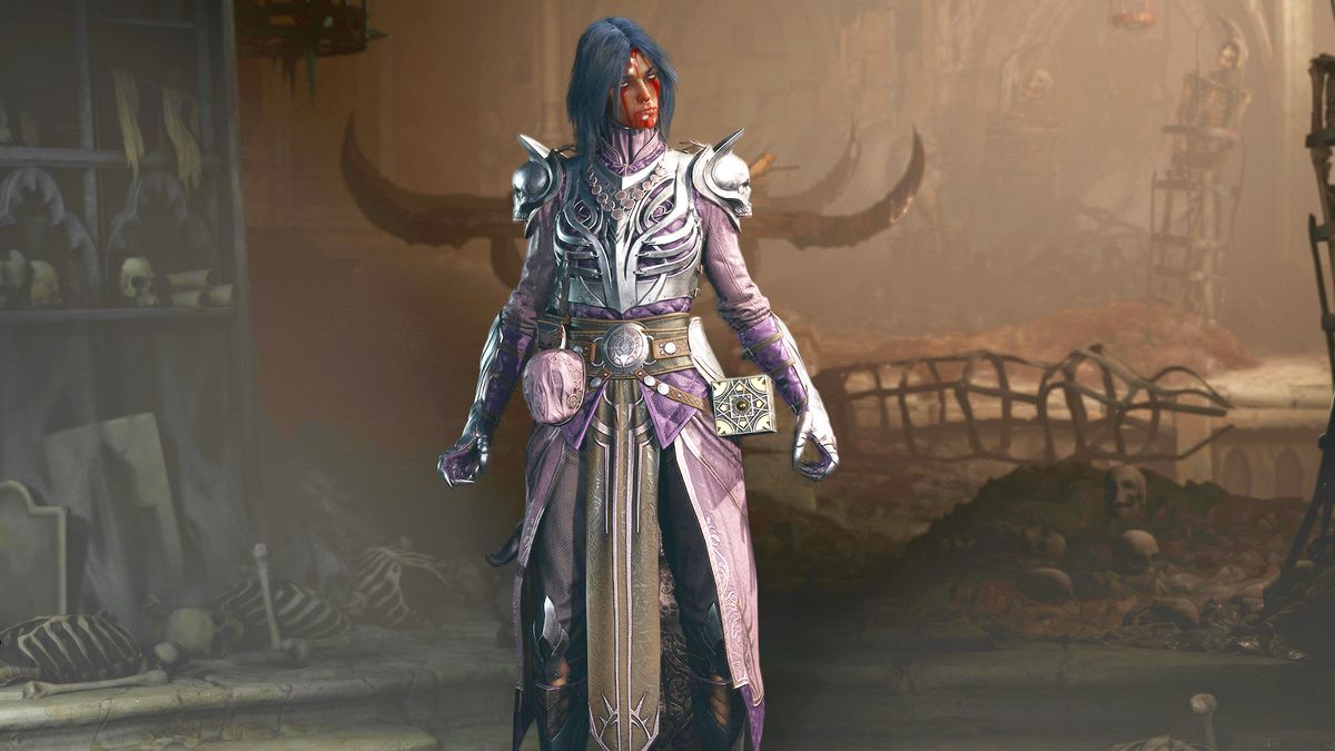 Diablo 4 Necromancer in silver and purple armor standing in front of a dark environmental background