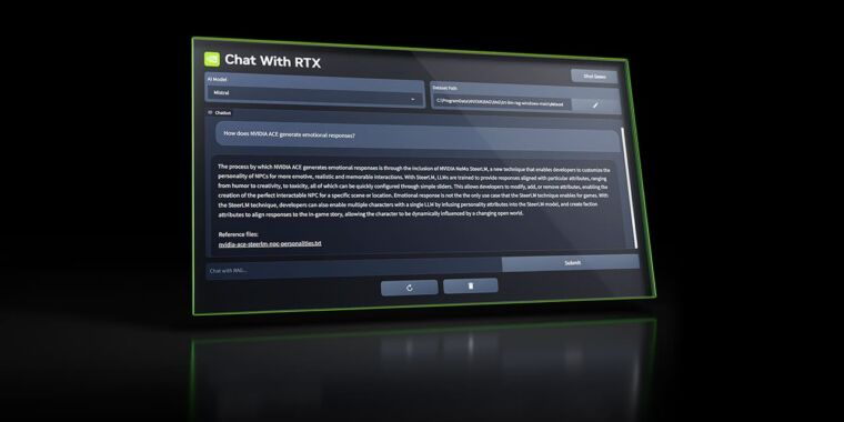 « Chat With RTX » de Nvidia est une application de style ChatGPT qui s’exécute sur votre propre GPU