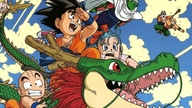 Goku, Bulma, and Krillin ride Shenron