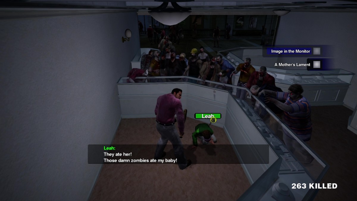 Une capture d'écran d'un personnage évitant les zombies dans Dead Rising. 