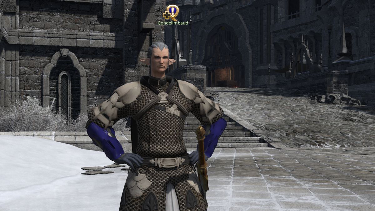 Gondelimbaud, un PNJ Elezen de FFXIV, se tient debout avec un marqueur de quête bleu au-dessus de la tête.