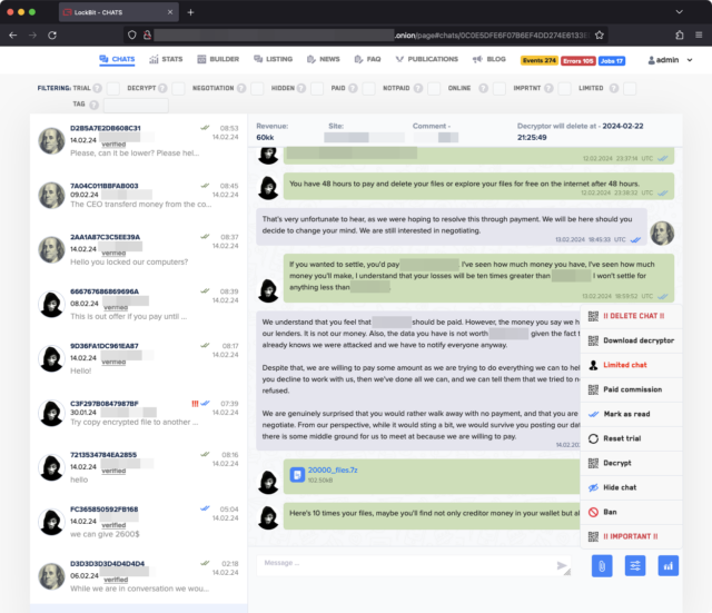 Capture d'écran montrant des discussions entre un affilié de LockBit et une victime.