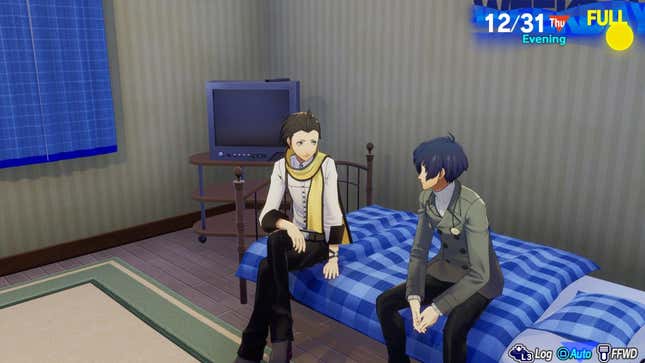 Ryoji et Makoto sont assis sur un lit.