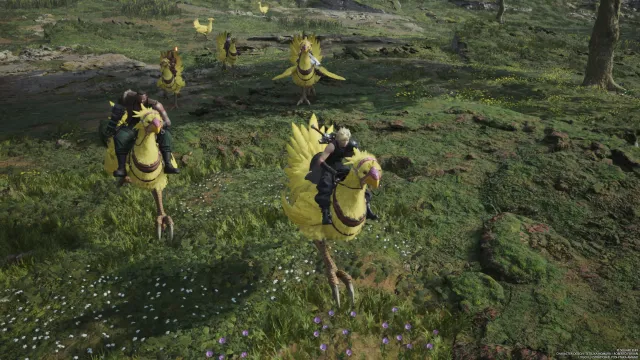 La fête FF7 Rebirth alors qu'ils traversent le monde ouvert sur Chocobos. 