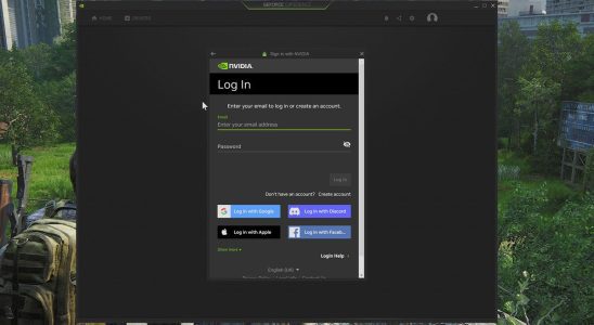 The Nvidia GeForce Experience login screen.