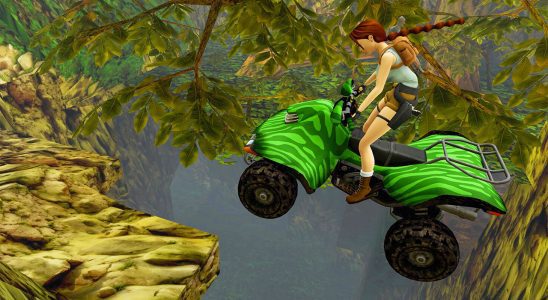 Tomb Raider I-III Remastered, with Lara jumping a gorge on a green quad bike.