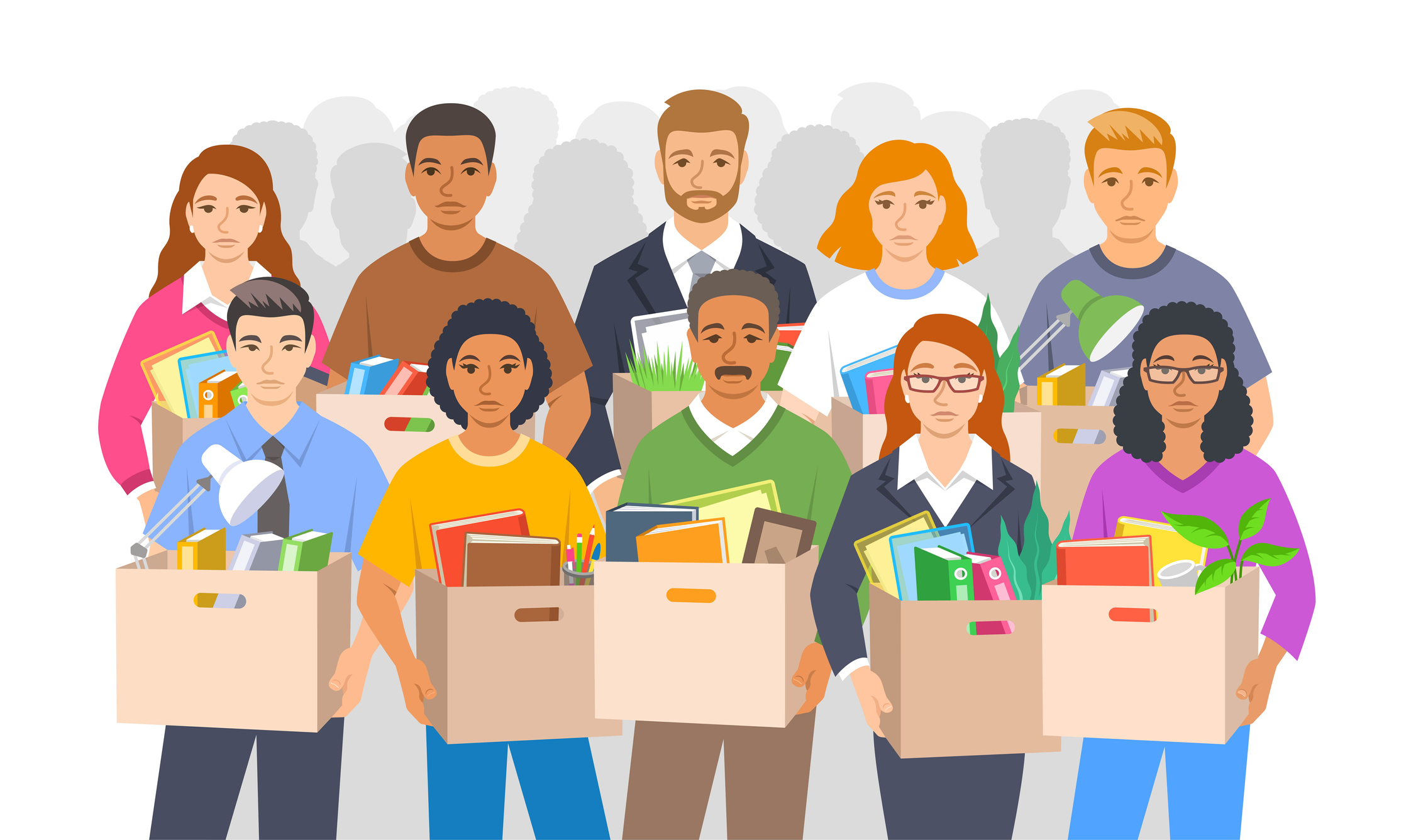 Illustration d'un groupe de personnes récemment licenciées et tenant des cartons.