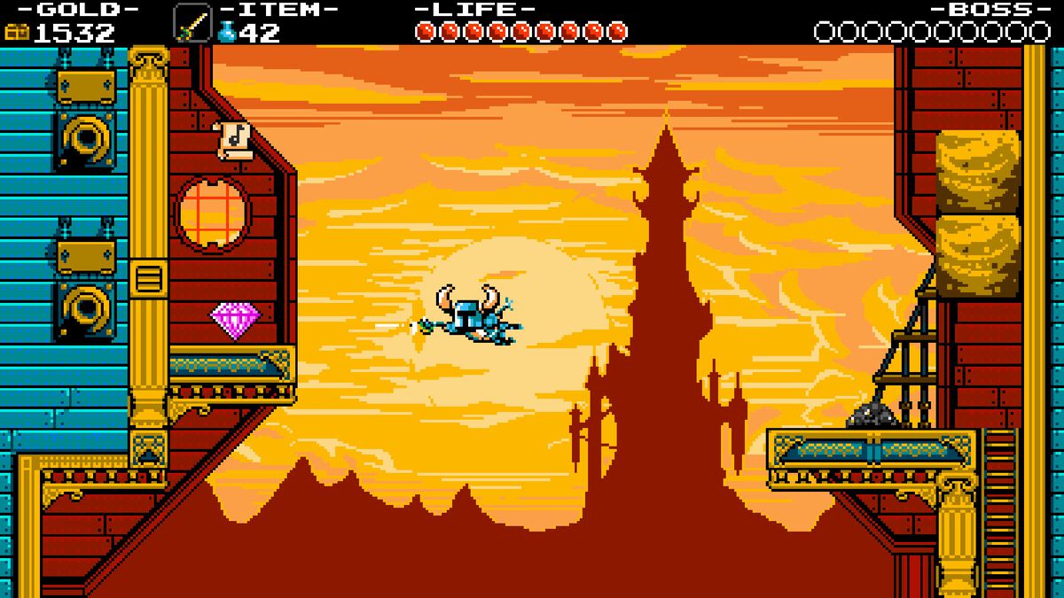 Shovel Knight se jette dans le ciel vers une gemme dans une capture d'écran de Shovel Knight