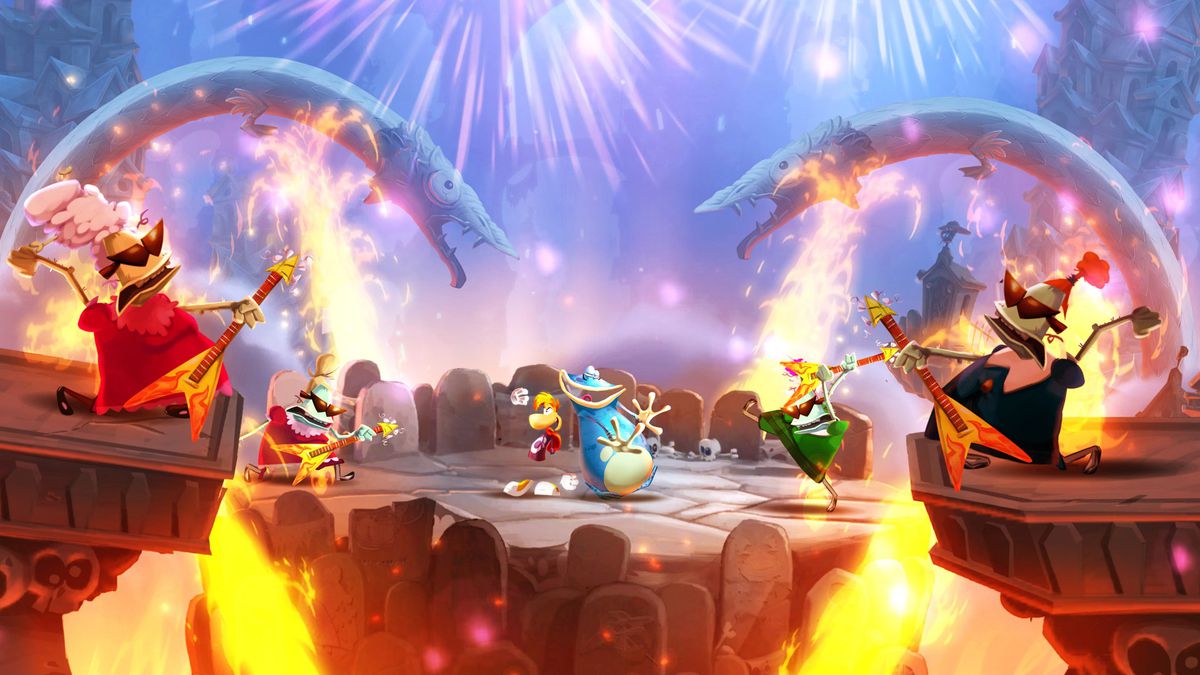 Rayman et Globox posent sur une plate-forme en pierre tandis qu'un quatuor de guitares V volantes joue du rock autour d'eux dans une capture d'écran de Rayman Legends.