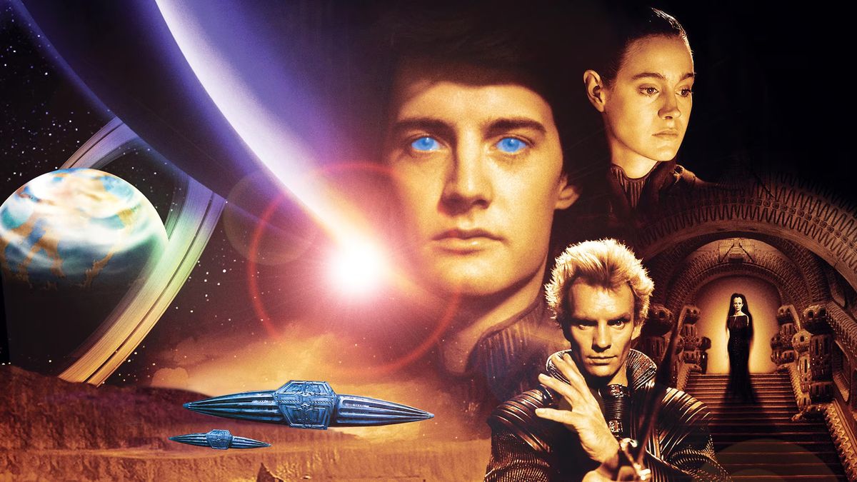 Illustration promotionnelle pour Dune (1984) mettant en vedette Kyle MacLachlan dans le rôle de Paul Atreides, Sean Young dans le rôle de Chani et Sting dans le rôle de Feyd-Rautha Harkonnen 