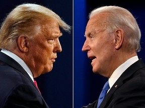 Cette combinaison de photos d'archives montre le président américain Donald Trump (à gauche) et le candidat démocrate à la présidentielle et ancien vice-président américain Joe Biden lors du débat présidentiel final à l'Université Belmont de Nashville, le 22 octobre 2020.