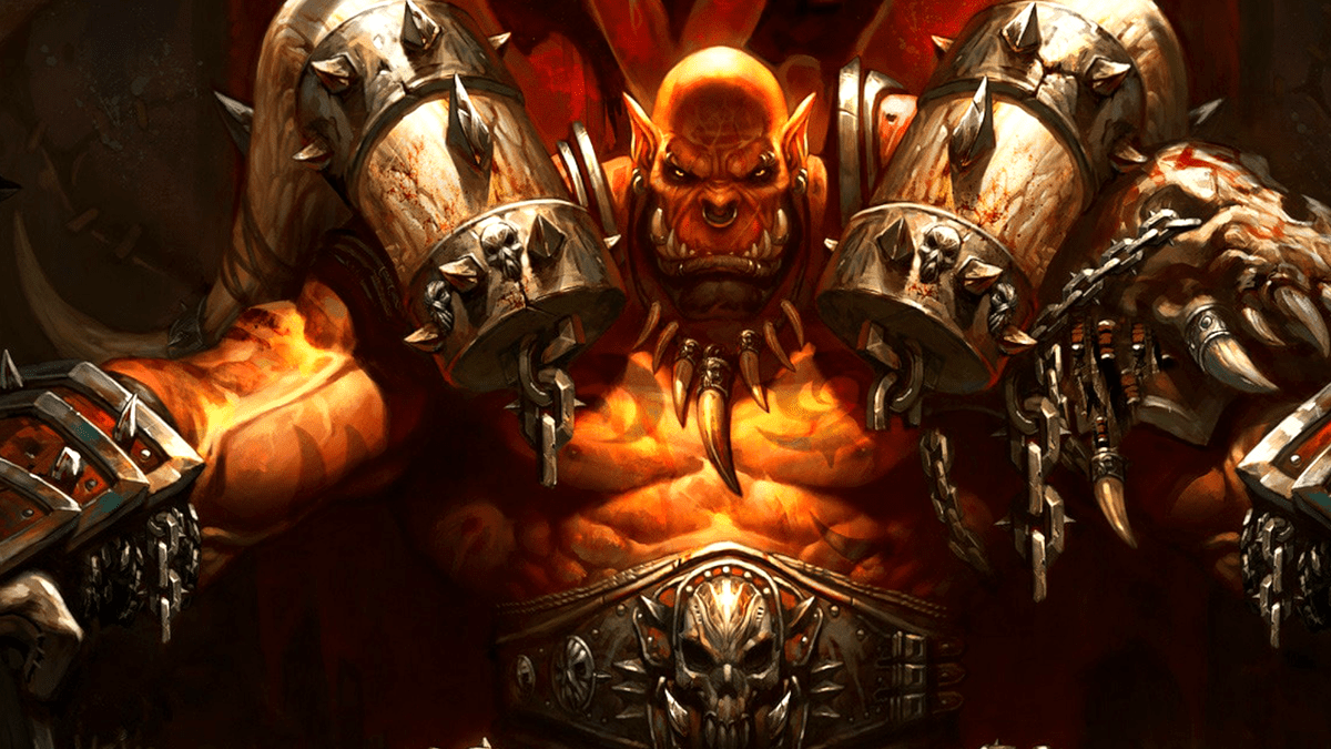 Garrosh Hellscream sits atop his throne in World of Warcraft, looking jacked as all get-out.