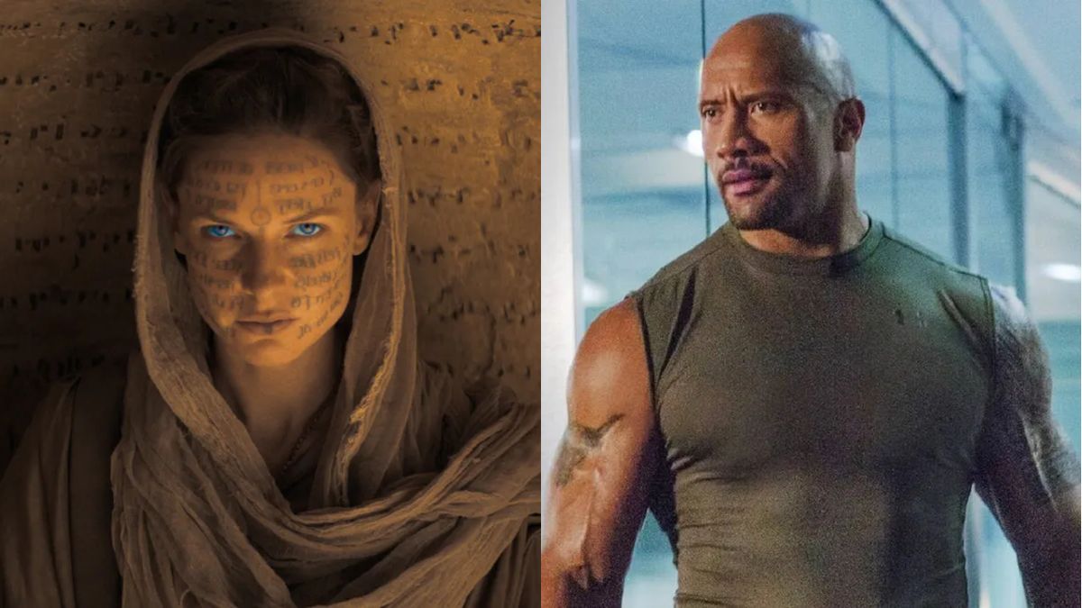 Rebecca Ferguson in Dune, and Dwayne Johnson in Furious 7, pictured side by side.