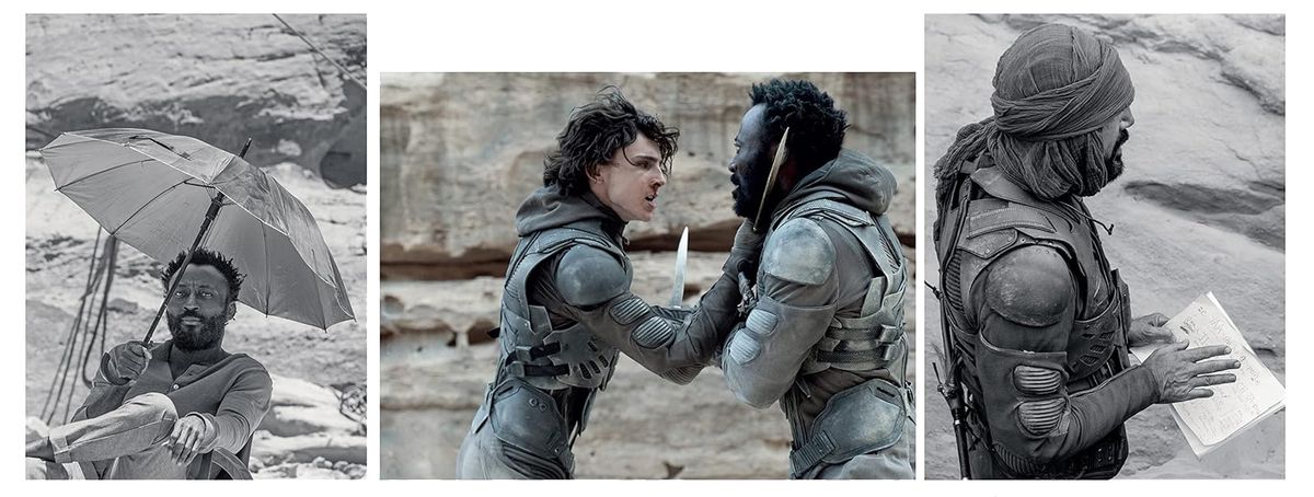 Noir et amp;  Blanc et couleur sur les photos du tournage de Dune Part One avec Timothee Chalamet, Javier Bardem et Babs Olusanmokun