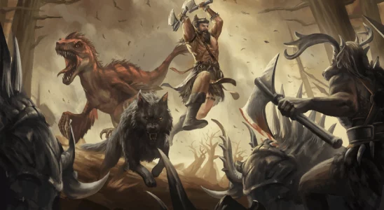 Image of barbarian man and pre-historic animals fighting off dark creatures in Last Epoch artwork.