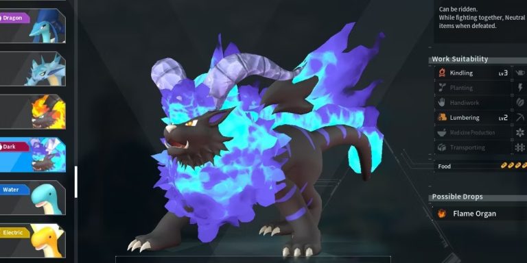 Image of Blaze Howl, a dog-like creature with a blue flame coat in Palworld.