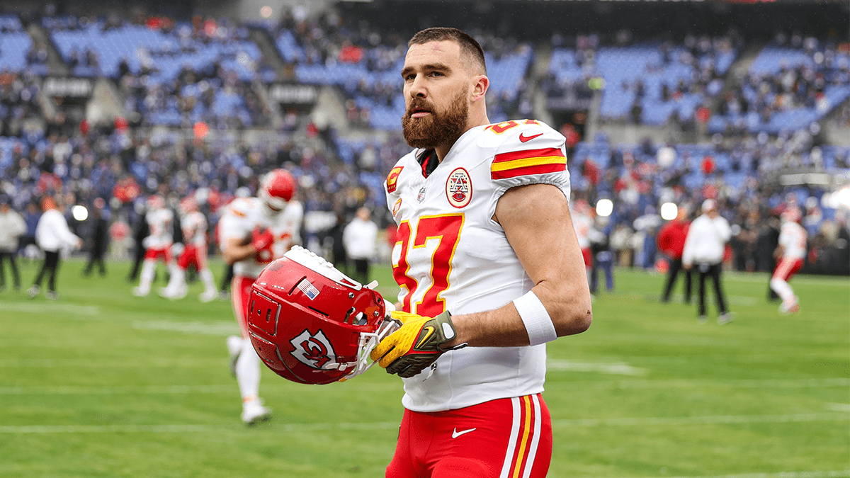 Travis Kelce #87 of the Kansas City Chiefs warms up prior to the AFC Championship NFL football game against the Baltimore Ravens at M&T Bank Stadium on January 28, 2024