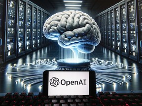 Le logo OpenAI est affiché sur un téléphone portable avec une image sur un écran d'ordinateur générée par le modèle texte-image Dall-E de ChatGPT, le 8 décembre 2023, à Boston. Malgré les inquiétudes, l'intelligence artificielle manque d'empathie et pourrait arriver à voler leur emploi, un nombre croissant de Canadiens se tournent vers les outils d'IA, selon un nouveau sondage.