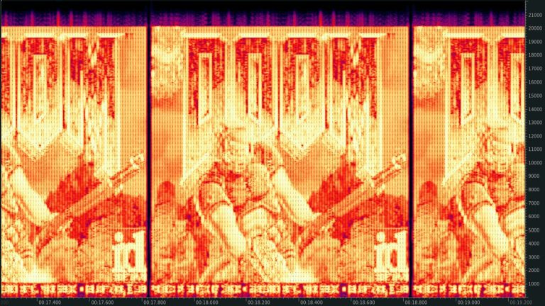 A spectrogram showing the Doom cover split into three.