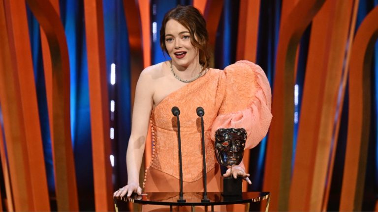 LONDON, ENGLAND - FEBRUARY 18: Emma Stone accepts the Leading Actress Award for 'Poor Things' during the 2024 EE BAFTA Film Awards, held at the Royal Festival Hall on February 18, 2024 in London, England.