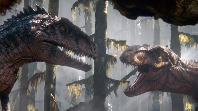 JURASSIC WORLD DOMINION, (aka JURASSIC WORLD 3), a Giganotosaurus and a T. Rex, 2022. © Universal Pictures / Courtesy Everett Collection