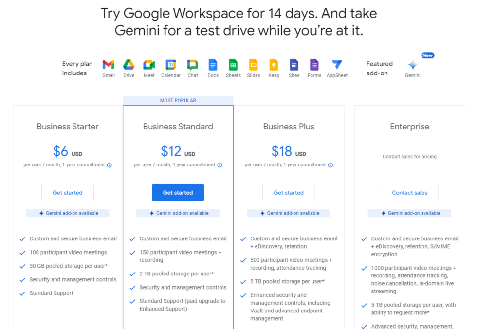 La nouvelle page de tarification Workspace, avec un 