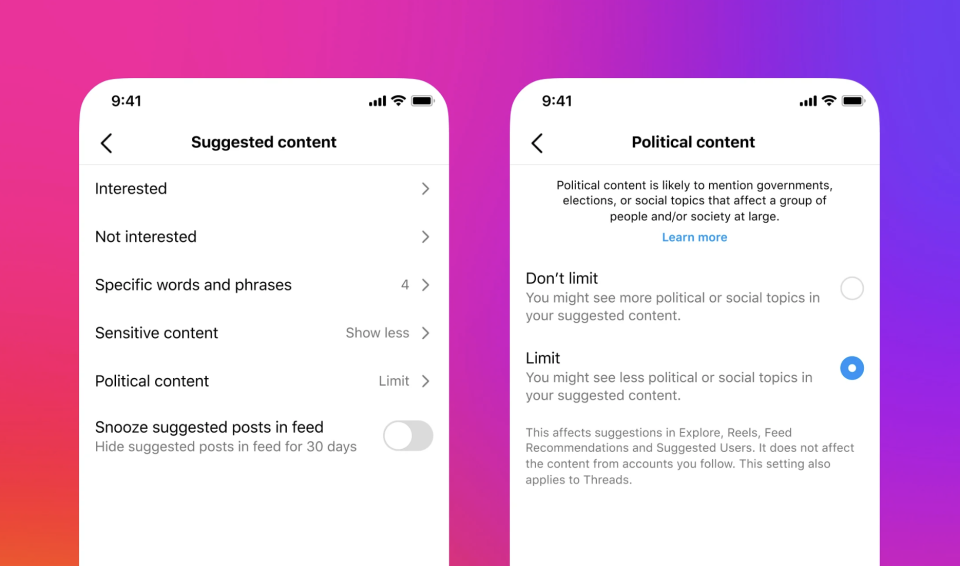 Paramètres d'Instagram permettant d'accepter le contenu politique.