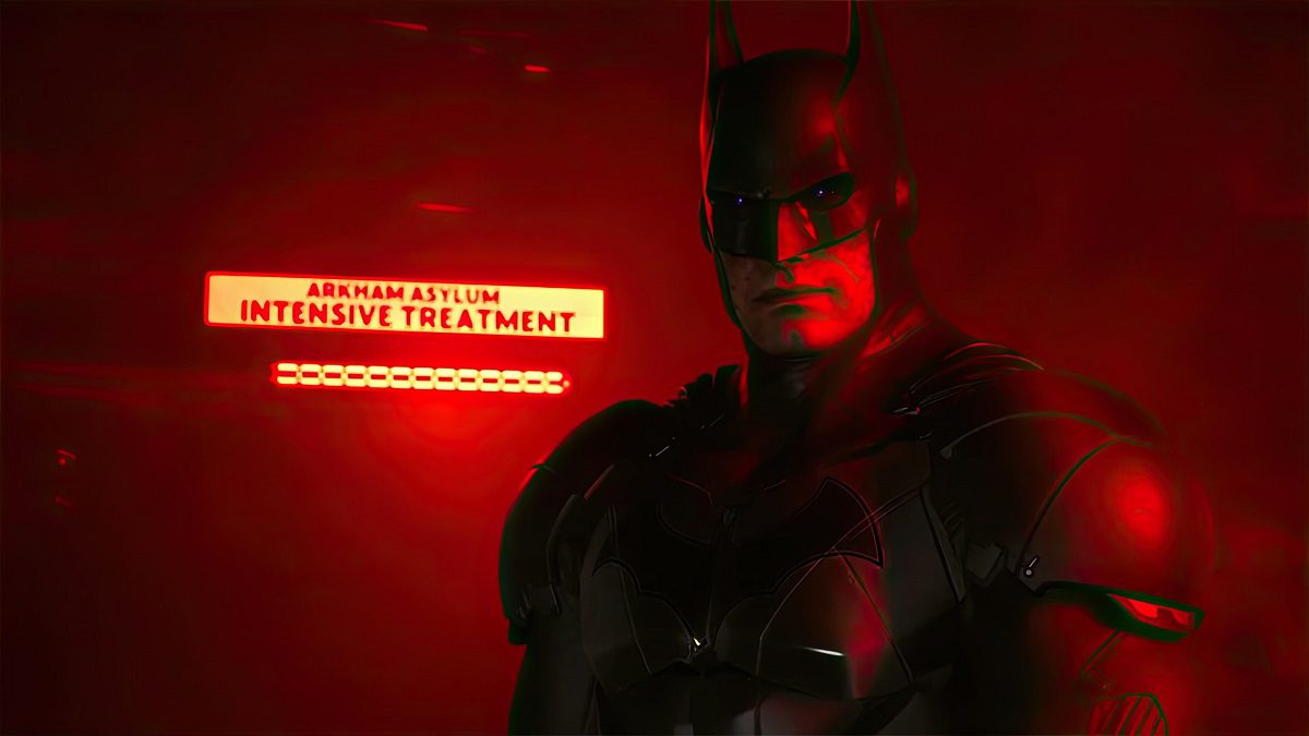 Image of Batman with purple eyes standing in a neon-red-lit room. This image is part of an article about did Batman die in the Arkham games.