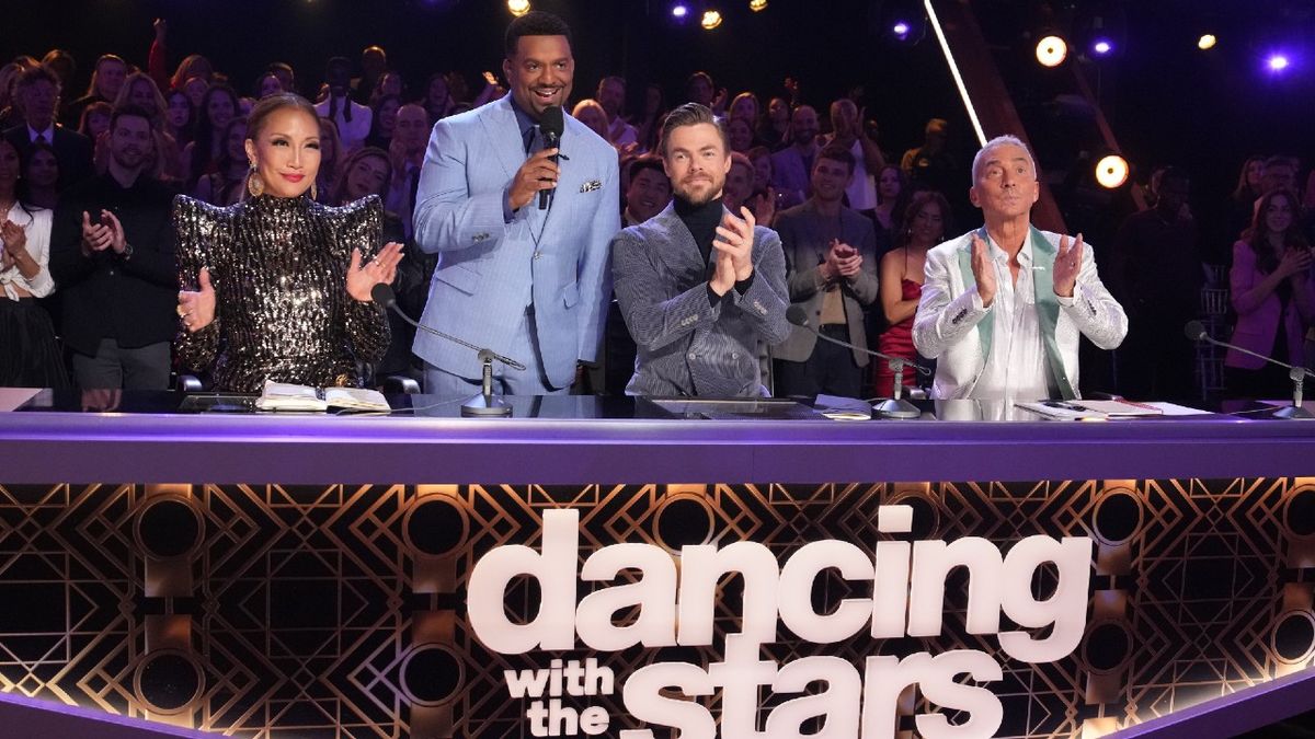 From left to right: Carrie Ann Inaba, Alfonso Ribeiro, Derek Hough, and Bruno Tonioli on DWTS Season 32