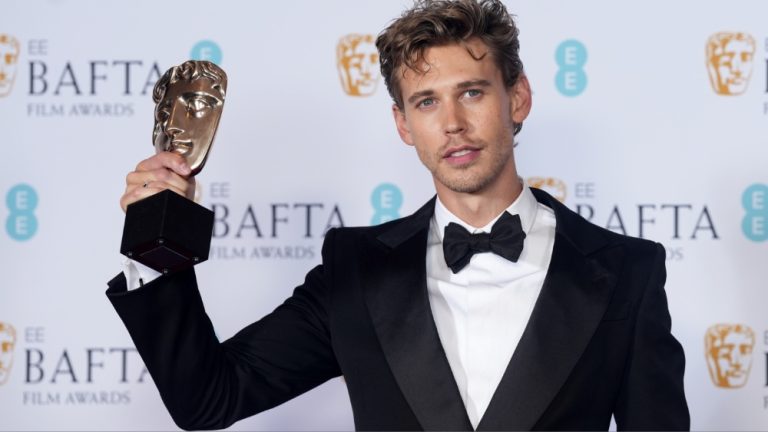 LONDON, ENGLAND - FEBRUARY 19: Austin Butler poses with the Leading Actor Award for his performance in 'Elvis' during the 2023 EE BAFTA Film Awards, held at the Royal Festival Hall on February 19, 2023 in London, England.