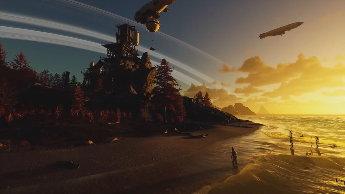 Nightingale - A character walks across a sunset beach while airships fly in the sky above