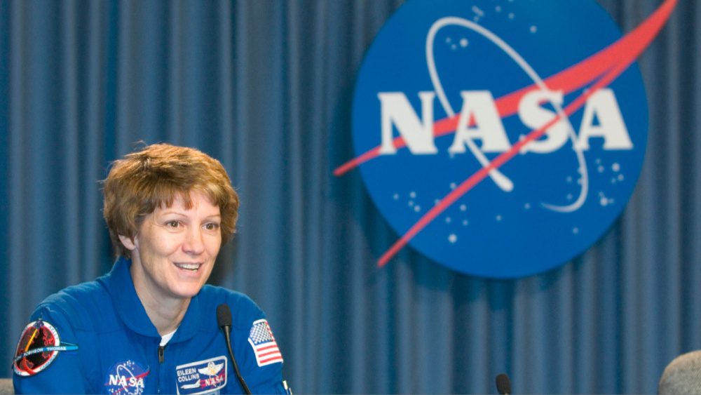 Space Shuttle Discovery commander Eileen Collins of Elmira, New York, addresses the news media after completing the Terminal Countdown Demonstration Test at Kennedy Space Center May 4, 2005 in Cape Canaveral, Florida. Despite Discovery's launch date being pushed back to no sooner than July, the STS-114 astronauts arrived in Florida for the Terminal Countdown Demonstration Test this week.