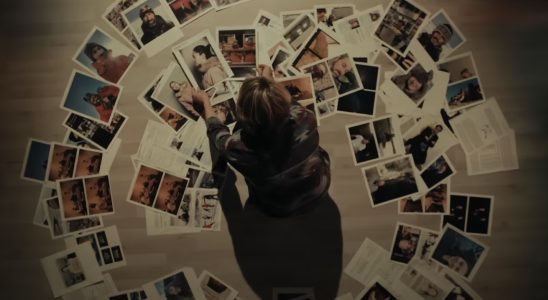 Liz Danvers with a spiral of photos in True Detective: Night Country