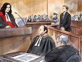 La juge Renee Pomerance, de gauche à droite, les avocats de Nathaniel Veltman, Peter Ketcheson et Christopher Hicks et Veltman, debout à l'arrière, sont présentés dans un croquis de la salle d'audience lors de l'audience de détermination de la peine de Veltman au palais de justice de London, en Ontario, le jeudi 22 février 2024. .