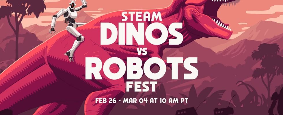 Steam Dinos vs. Robots Fest: a red dinosaur roaring in the background.