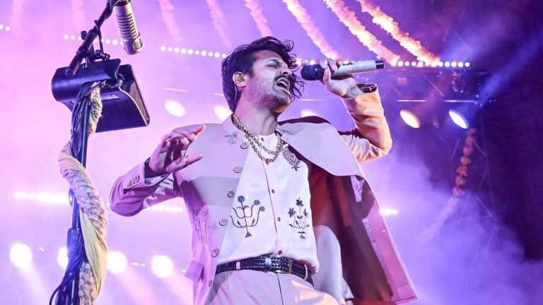 BERKELEY, CALIFORNIA - AUGUST 17: Sameer Gadhia of Young The Giants performs at The Greek Theatre on August 17, 2023 in Berkeley, California. (Photo by Steve Jennings/WireImage)