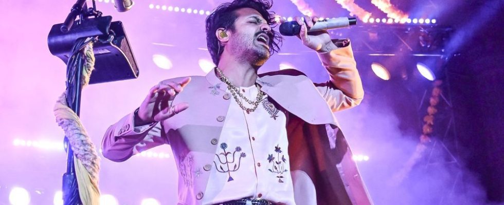 BERKELEY, CALIFORNIA - AUGUST 17: Sameer Gadhia of Young The Giants performs at The Greek Theatre on August 17, 2023 in Berkeley, California. (Photo by Steve Jennings/WireImage)