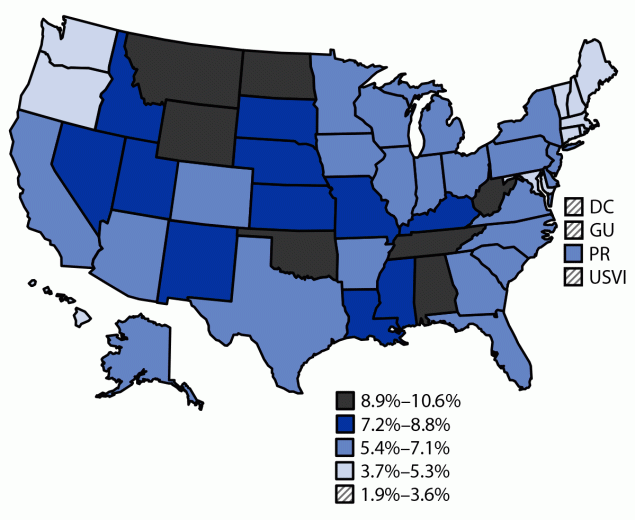 Prévalence des cas signalés de COVID longue chez les adultes âgés de ≥ 18 ans, par juridiction.