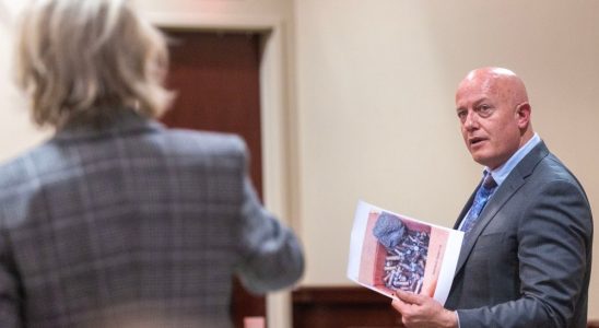 Special prosecutor Kari Morrissey, left, and Jason Bowles defense attorney, discuss weather the picture in his hands can be shown to the witness during the trail for Hannah Gutierrez-Reed, the former armorer on the set of the movie Rust, at district court on Wednesday, Feb. 27, 2024.