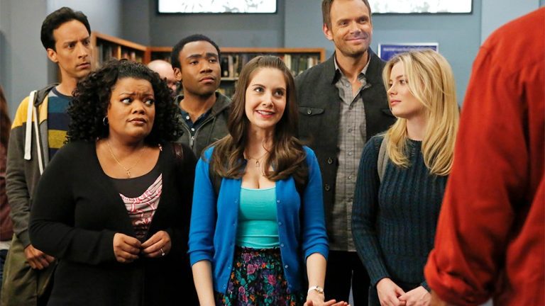 COMMUNITY -- "Basic Human Anatomy" Episode 410 -- Pictured: (l-r) Danny Pudi as Abed, Yvette Nicole Brown as Shirley, Donald Glover as Troy, Alison Brie as Annie, Joel McHale as Jeff Winger, Gillian Jacobs as Britta -- (Photo by: Vivian Zink/NBC)