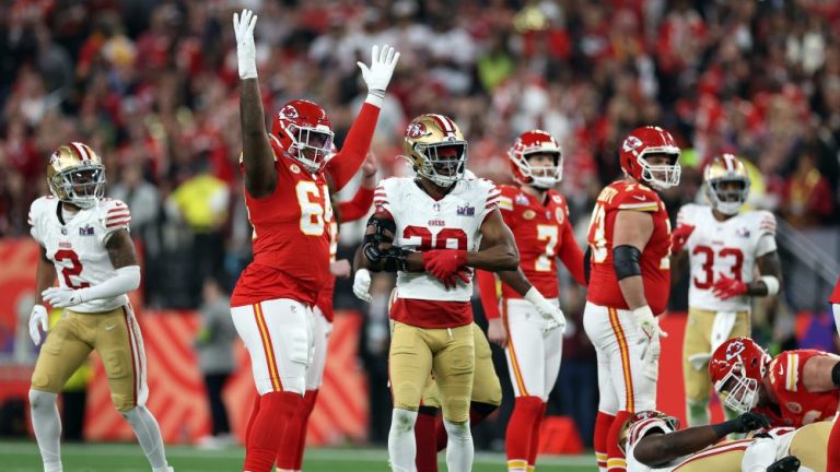 LAS VEGAS, NEVADA - FEBRUARY 11: Wanya Morris #64 of the Kansas City Chiefs reacts after Harrison Butker #7 of the Kansas City Chiefs kicks a field goal during the third quarter against the San Francisco 49ers during Super Bowl LVIII at Allegiant Stadium on February 11, 2024 in Las Vegas, Nevada. (Photo by Ezra Shaw/Getty Images)