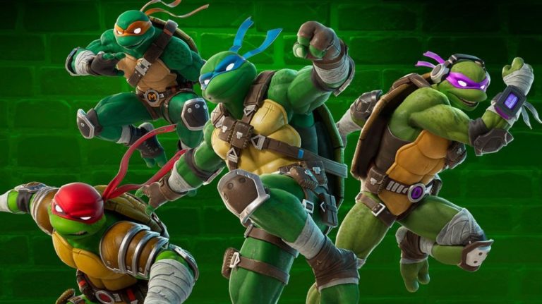 The Teenage Mutant Ninja Turtles in Fortnite. This image is part of an article about how to unlock the TMNT Super Shredder skin in Fortnite.