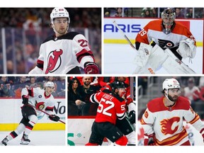 Dans le sens des aiguilles d'une montre, en partant du haut à gauche : Michael McLeod des Devils du New Jersey ;  Carter Hart des Flyers de Philadelphie ;  Dillon Dubé des Flames de Calgary;  Cal Foote des Devils du New Jersey ;  Alex Formenton, ancien des Sénateurs d'Ottawa.