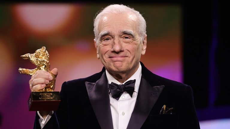 BERLIN, GERMANY - FEBRUARY 20: Martin Scorsese accepts the Honorary Golden Bear on stage at the Honorary Golden Bear Award Ceremony for Martin Scorsese during the 74th Berlinale International Film Festival Berlin at Berlinale Palast on February 20, 2024 in Berlin, Germany. (Photo by Andreas Rentz/Getty Images)