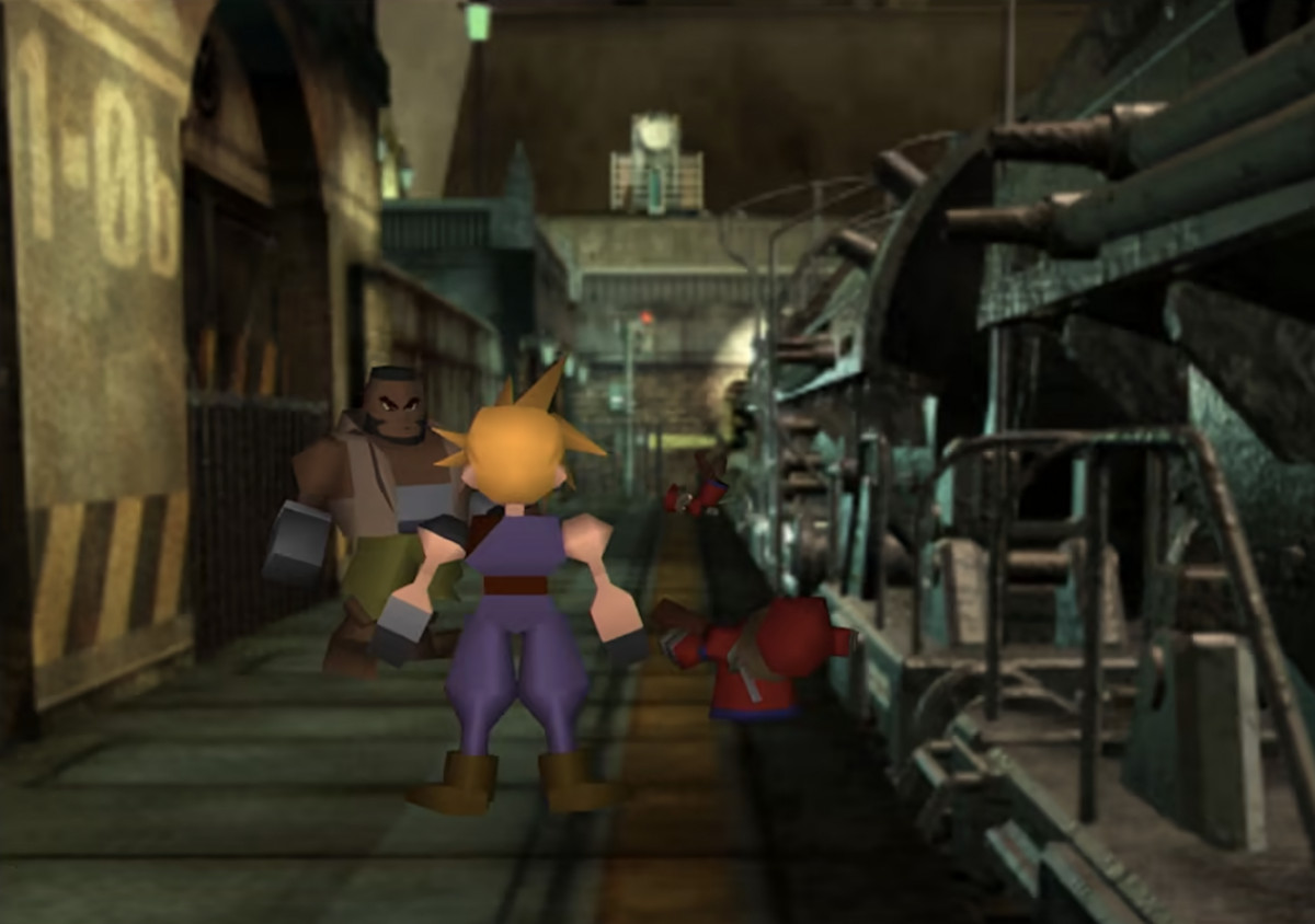 Une image du jeu original Final Fantasy 7 porté sur Nintendo Switch.  Il montre Cloud et Barret avec les graphismes traditionnels de la PlayStation 1. 