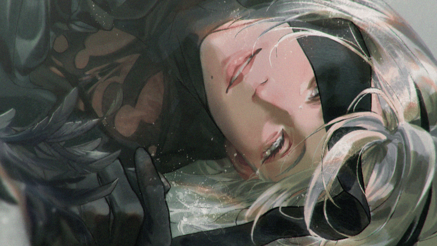 Nier art showing protagonist 2B lying on the ground.